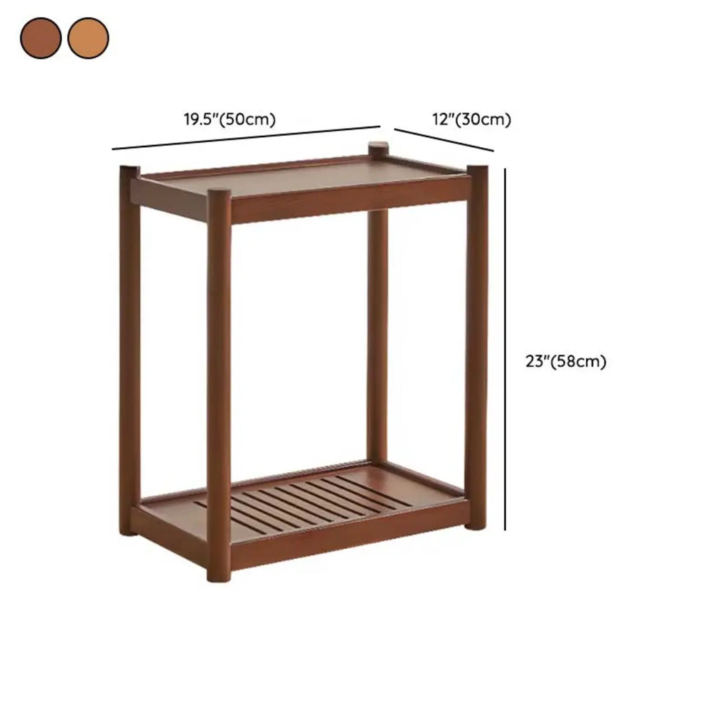 Table d'appoint minimaliste en bois marron à deux niveaux avec plateau et roulettes