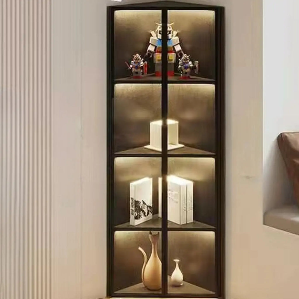 Vitrine d'angle moderne en métal gris et bois avec porte vitrée