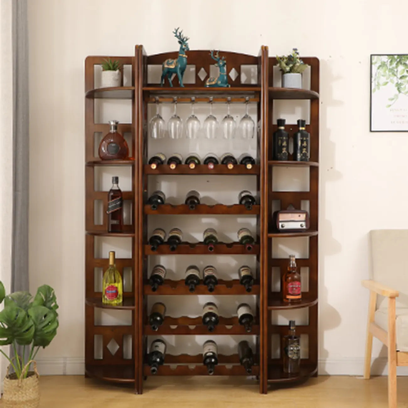 Casier à vin autoportant en pin avec étagère porte-verres