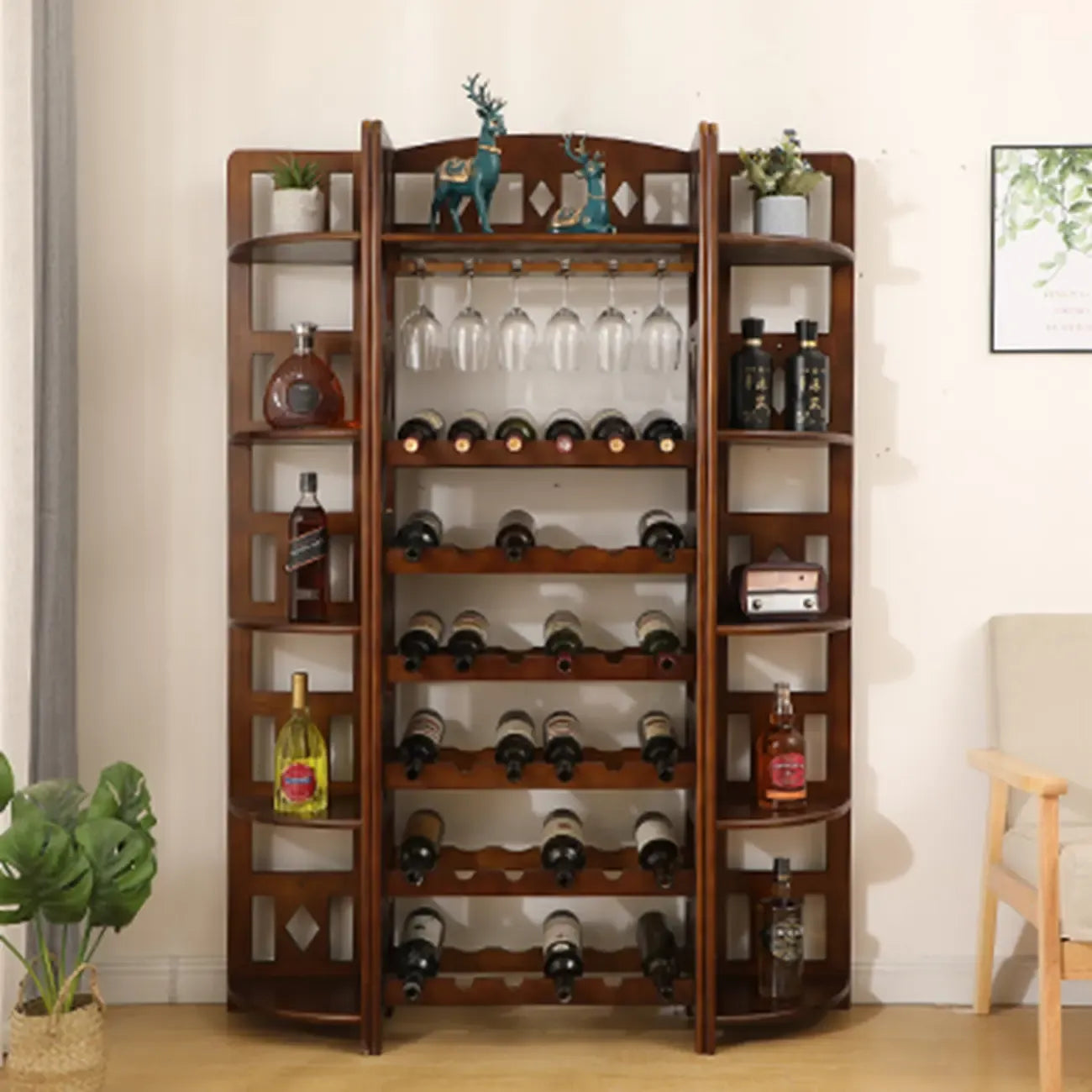 Casier à vin autoportant en pin avec étagère porte-verres