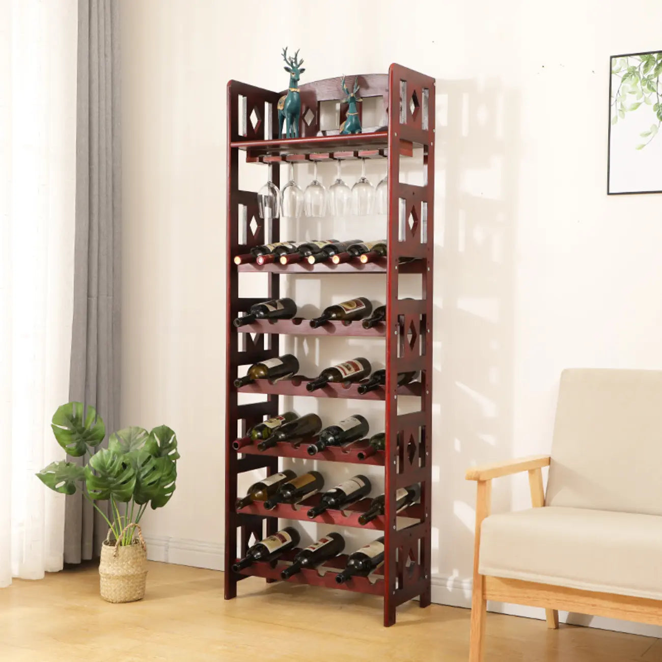 Casier à vin autoportant en pin avec étagère porte-verres