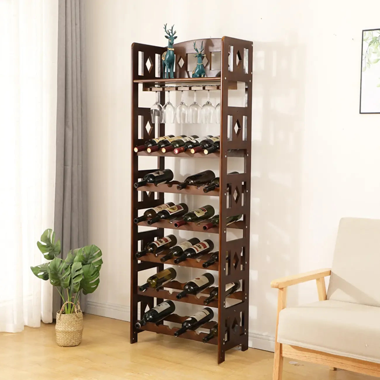Casier à vin autoportant en pin avec étagère porte-verres