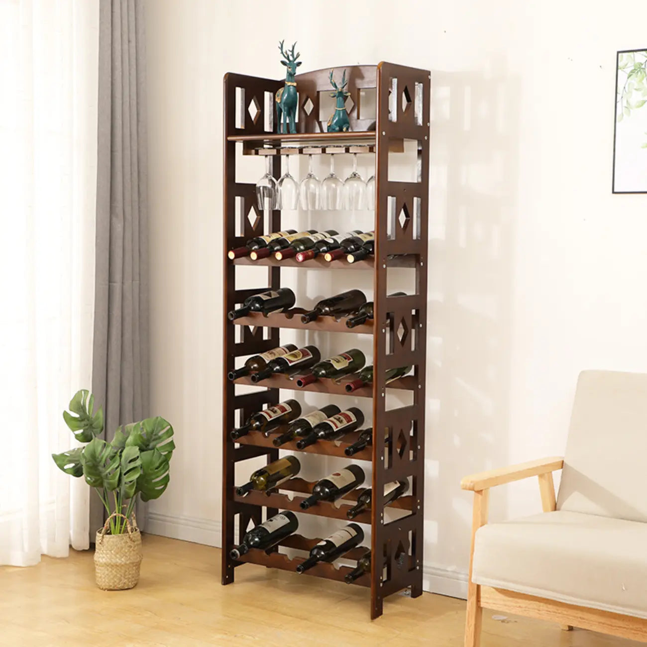 Casier à vin autoportant en pin avec étagère porte-verres