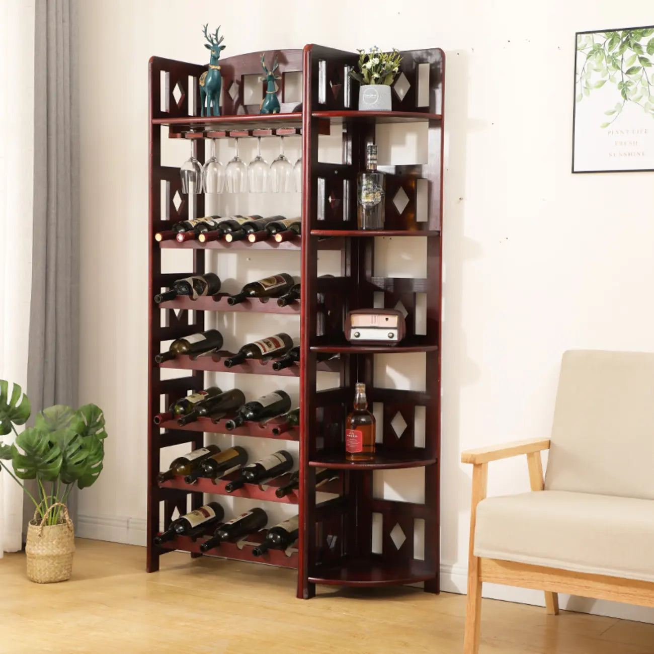 Casier à vin autoportant en pin avec étagère porte-verres