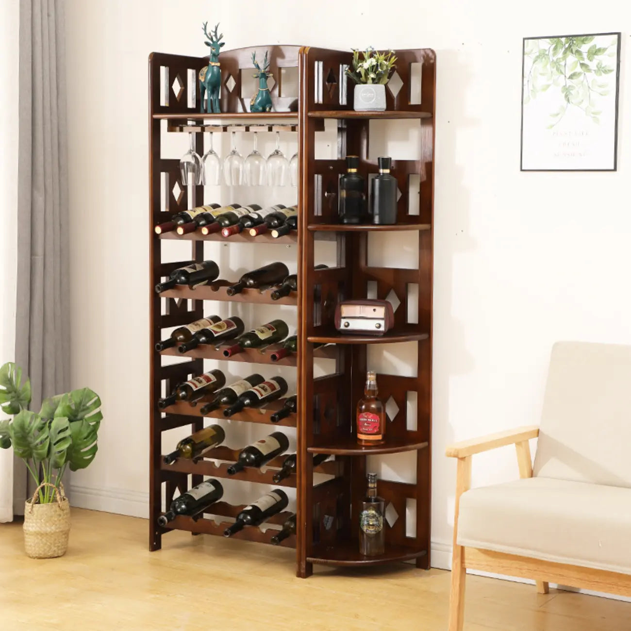 Casier à vin autoportant en pin avec étagère porte-verres