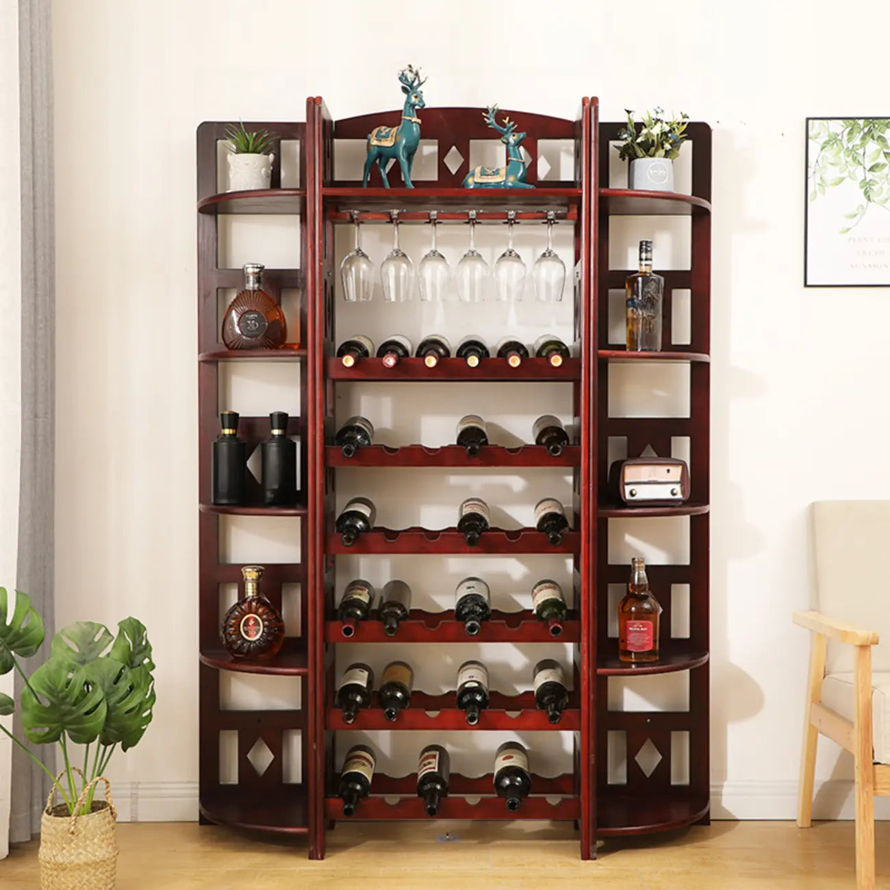 Casier à vin autoportant en pin avec étagère porte-verres