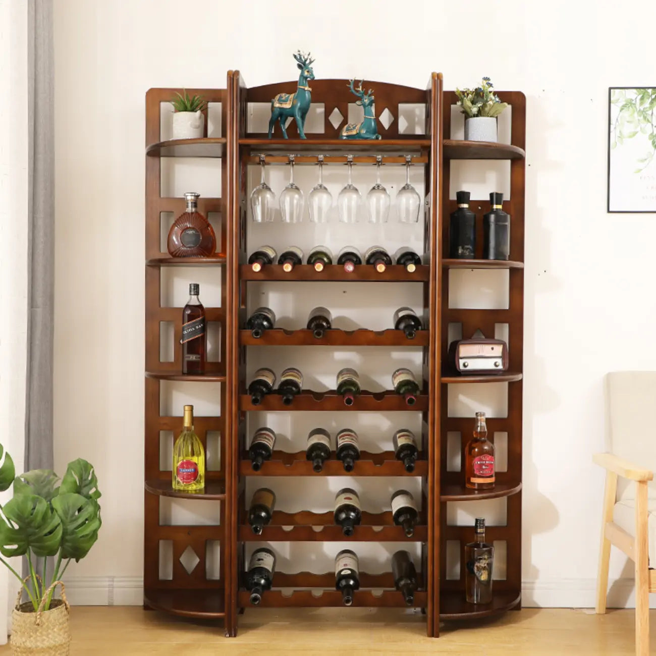 Casier à vin autoportant en pin avec étagère porte-verres