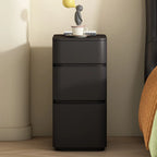 Comodino nero stretto in legno con 3 cassetti e inserti in pelle