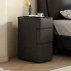 Comodino nero stretto in legno con 3 cassetti e inserti in pelle