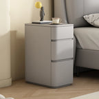 Comodino nero stretto in legno con 3 cassetti e inserti in pelle