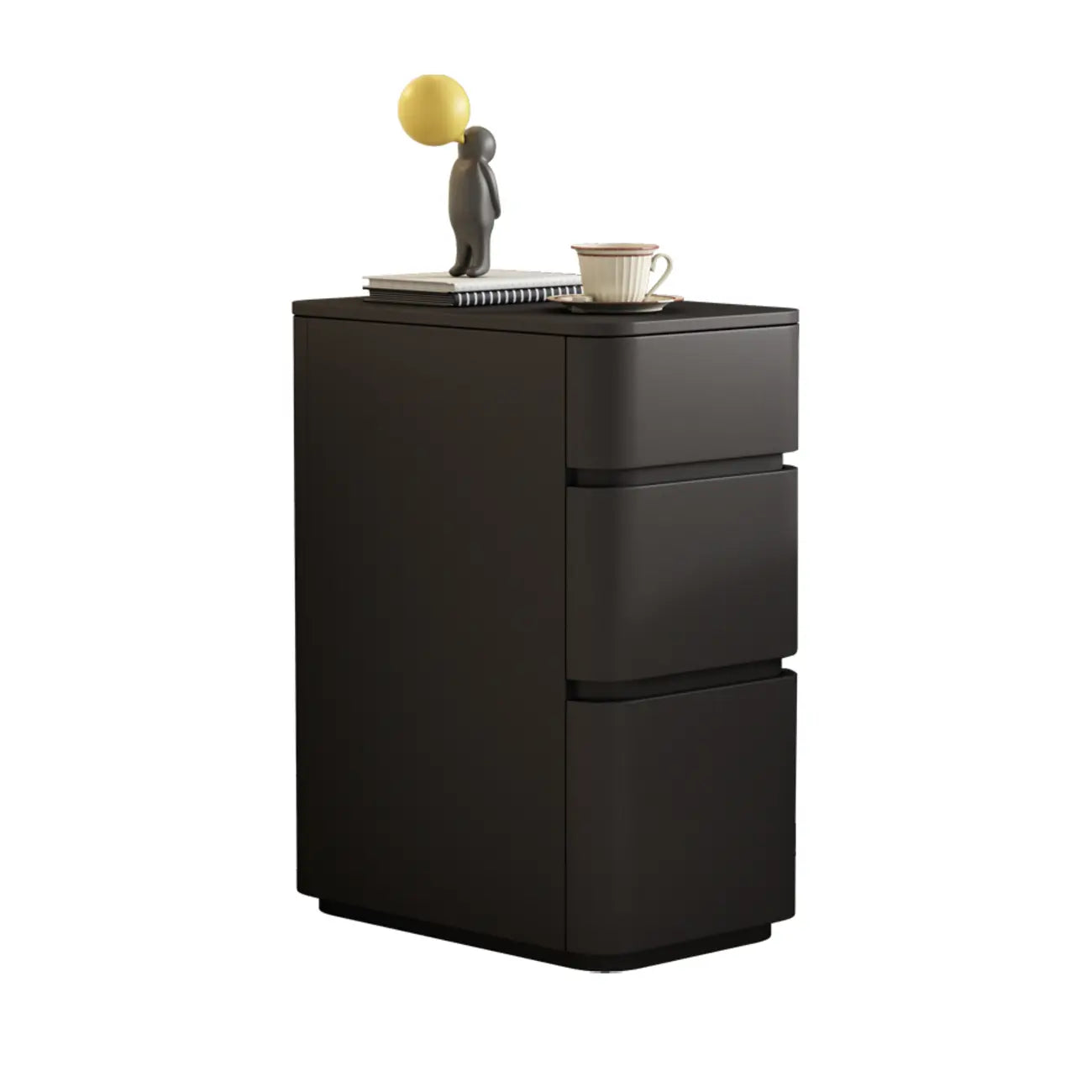 Comodino nero stretto in legno con 3 cassetti e inserti in pelle