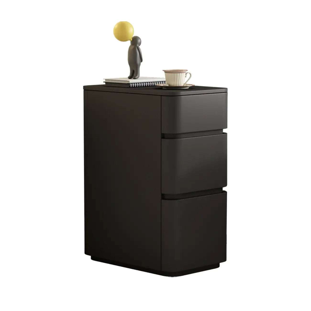 Comodino nero stretto in legno con 3 cassetti e inserti in pelle