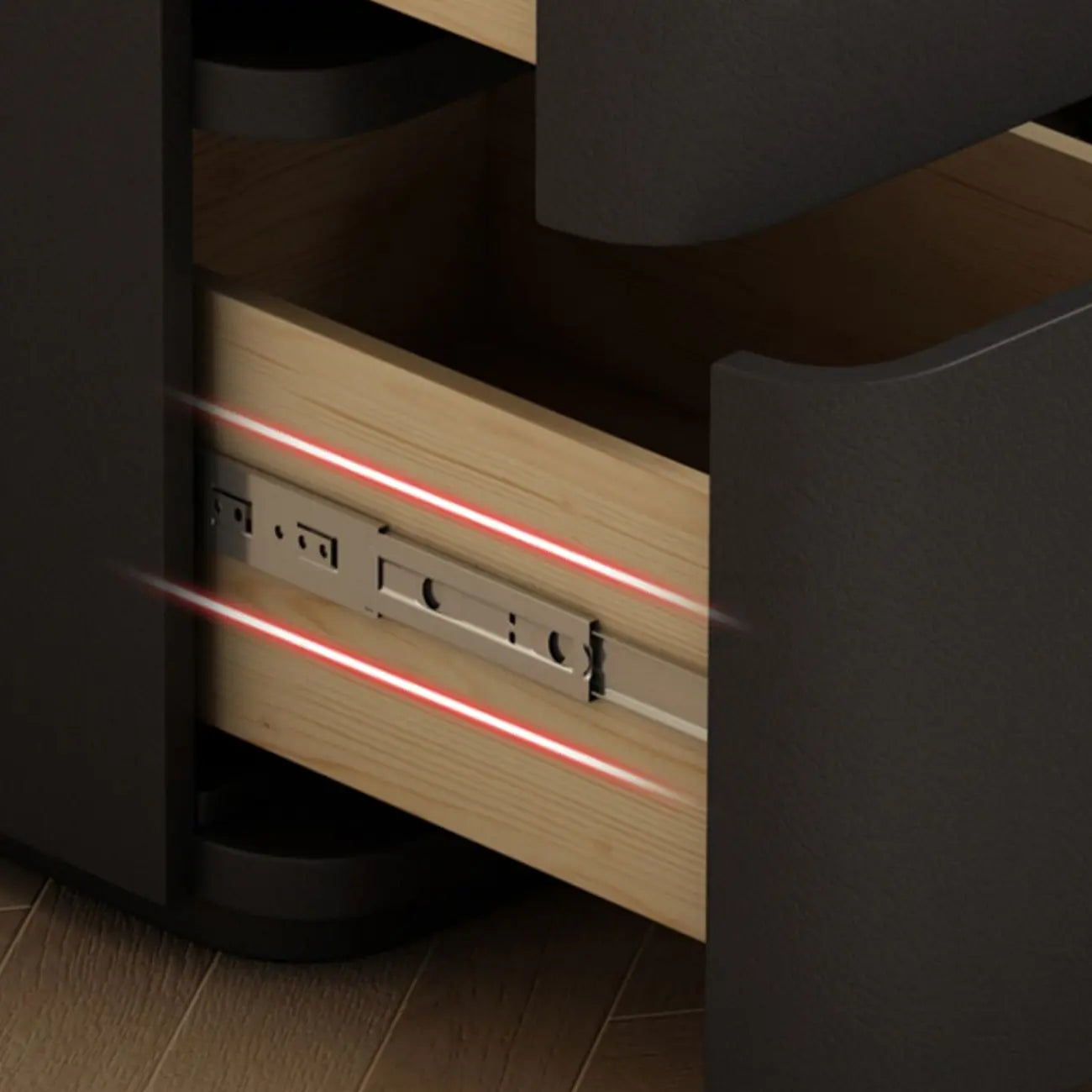 Comodino nero stretto in legno con 3 cassetti e inserti in pelle
