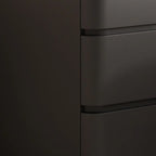 Comodino nero stretto in legno con 3 cassetti e inserti in pelle