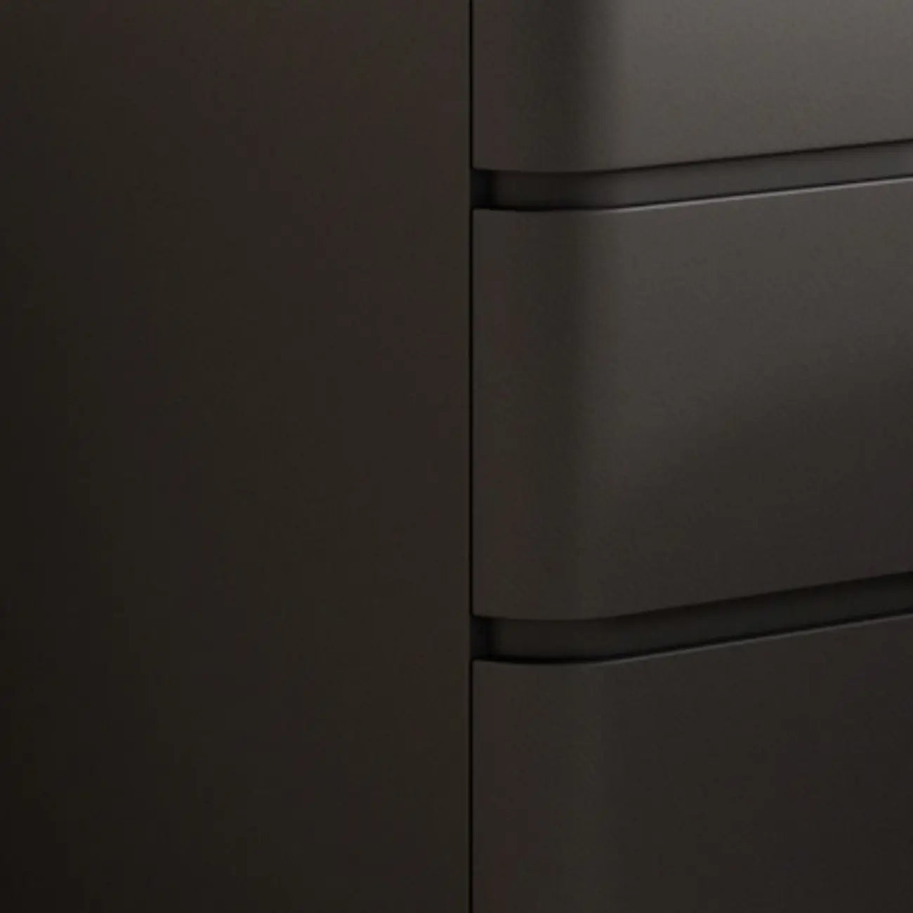 Comodino nero stretto in legno con 3 cassetti e inserti in pelle