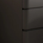 Comodino nero stretto in legno con 3 cassetti e inserti in pelle