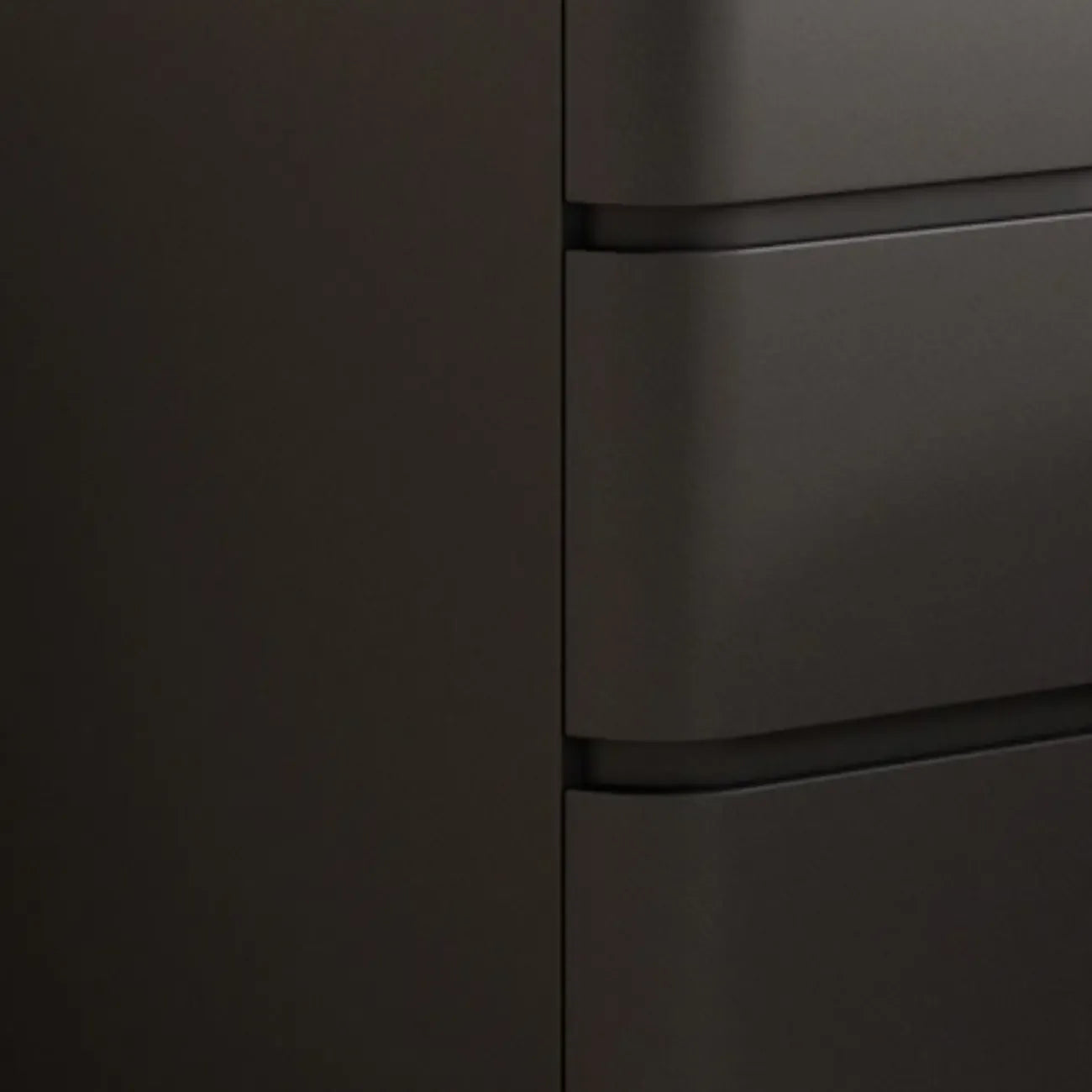 Comodino nero stretto in legno con 3 cassetti e inserti in pelle