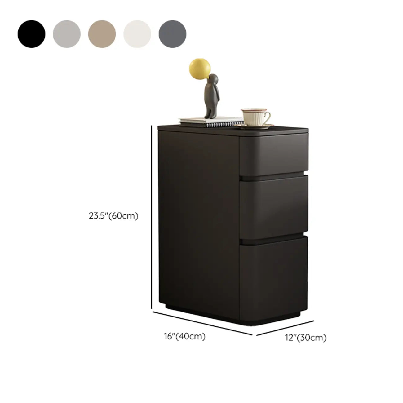 Comodino nero stretto in legno con 3 cassetti e inserti in pelle