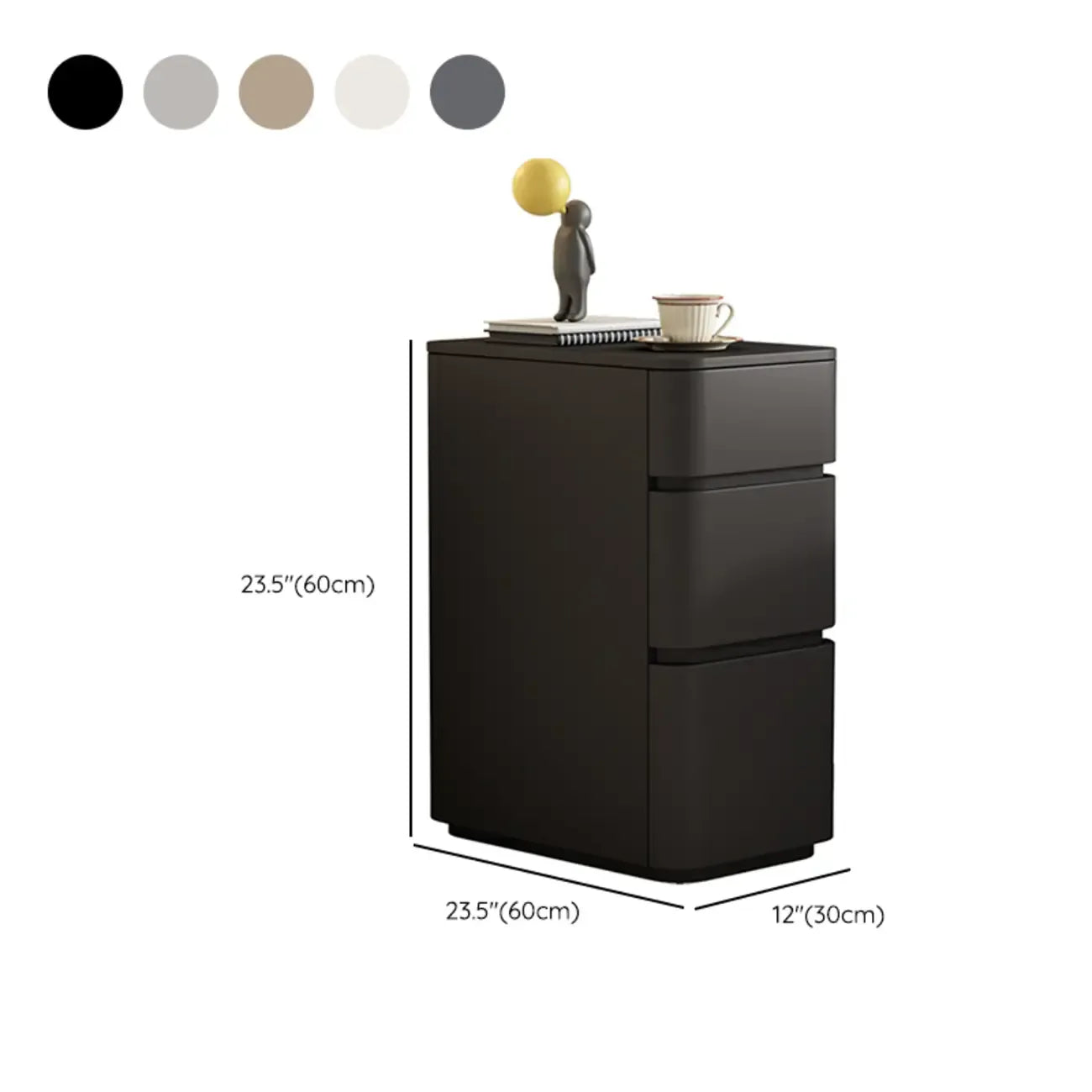 Comodino nero stretto in legno con 3 cassetti e inserti in pelle