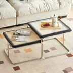 Table basse gigogne carrée en rotin finition cerisier et verre
