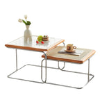 Table basse gigogne carrée en rotin finition cerisier et verre