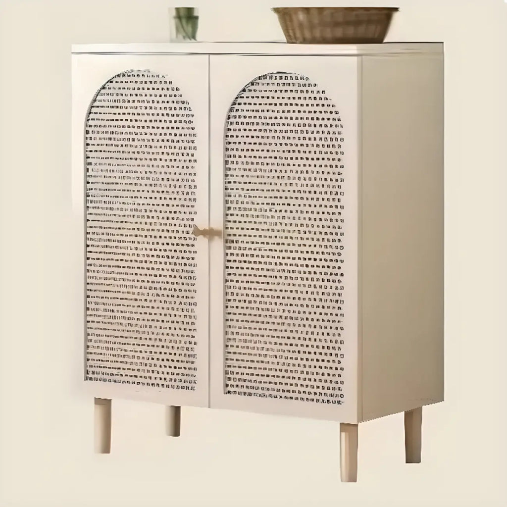 Buffet de cuisine minimaliste blanc cassé avec façade en verre arqué