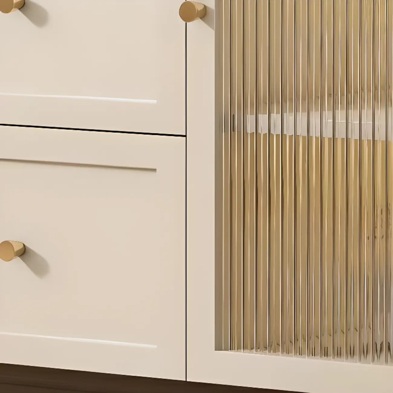 Buffet de cuisine minimaliste blanc cassé avec façade en verre arqué