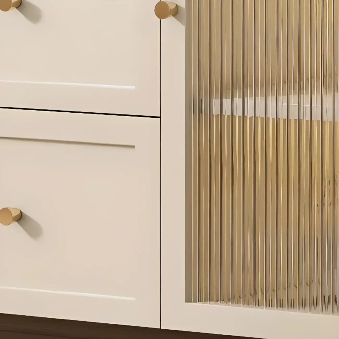Buffet de cuisine minimaliste blanc cassé avec façade en verre arqué