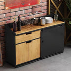 Buffet industriel noir en bois avec portes coulissantes et 4 étagères