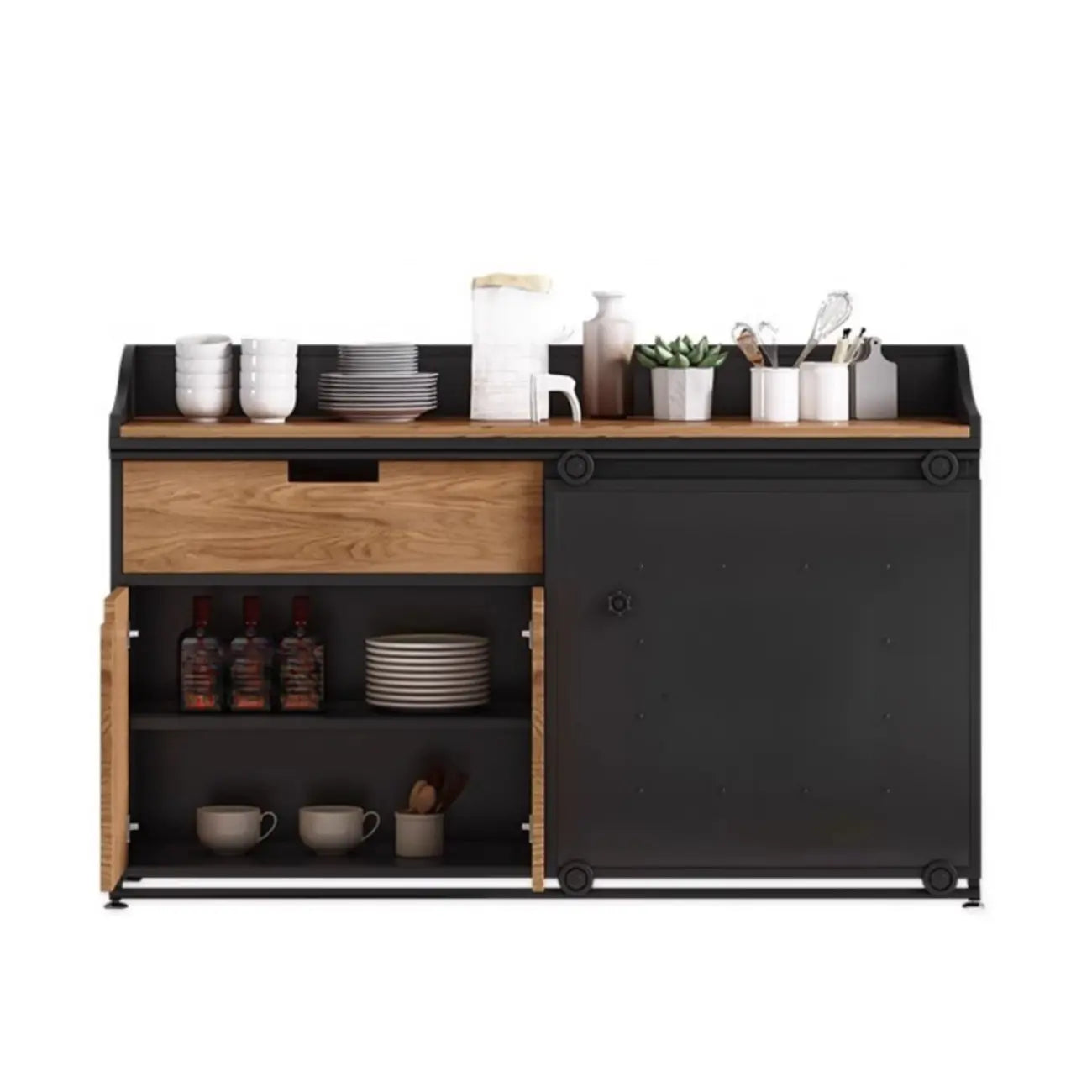Buffet industriel noir en bois avec portes coulissantes et 4 étagères