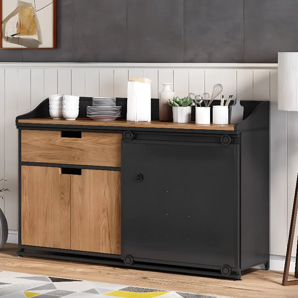 Buffet industriel noir en bois avec portes coulissantes et 4 étagères