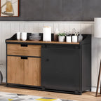 Buffet industriel noir en bois avec portes coulissantes et 4 étagères