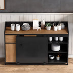 Buffet industriel noir en bois avec portes coulissantes et 4 étagères