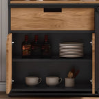Buffet industriel noir en bois avec portes coulissantes et 4 étagères