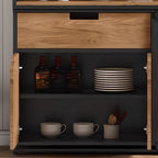 Buffet industriel noir en bois avec portes coulissantes et 4 étagères