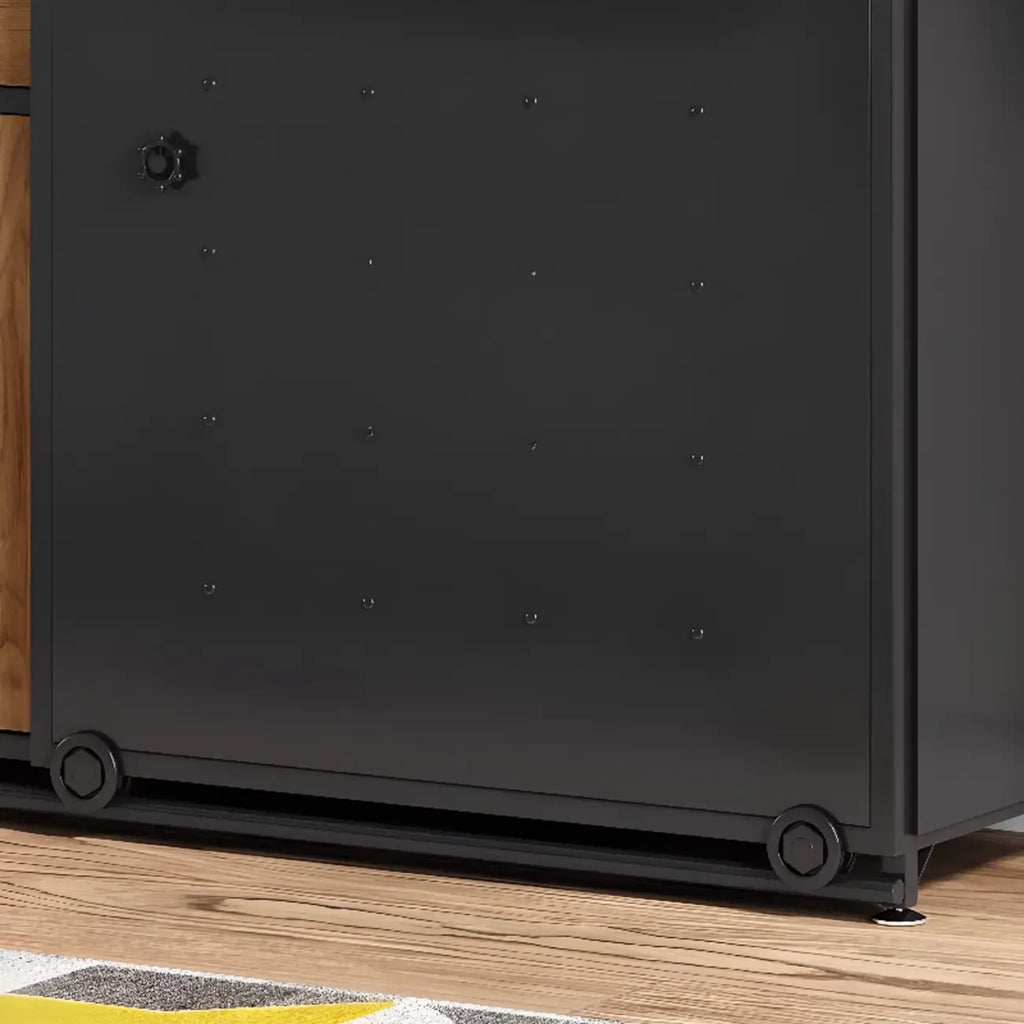 Buffet industriel noir en bois avec portes coulissantes et 4 étagères