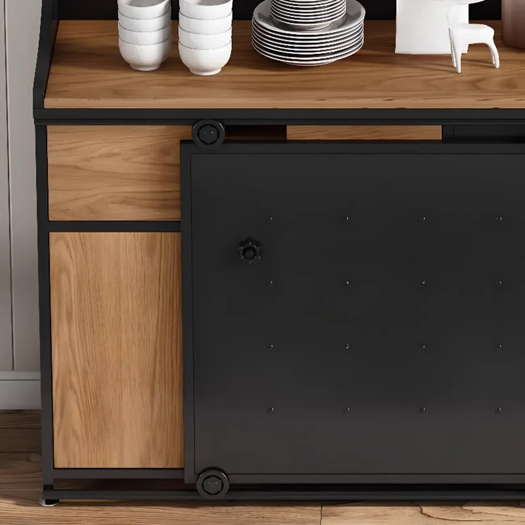 Buffet industriel noir en bois avec portes coulissantes et 4 étagères