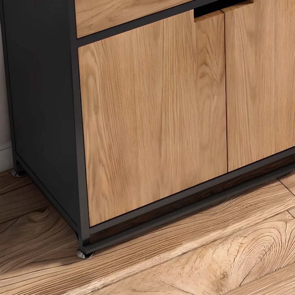 Buffet industriel noir en bois avec portes coulissantes et 4 étagères