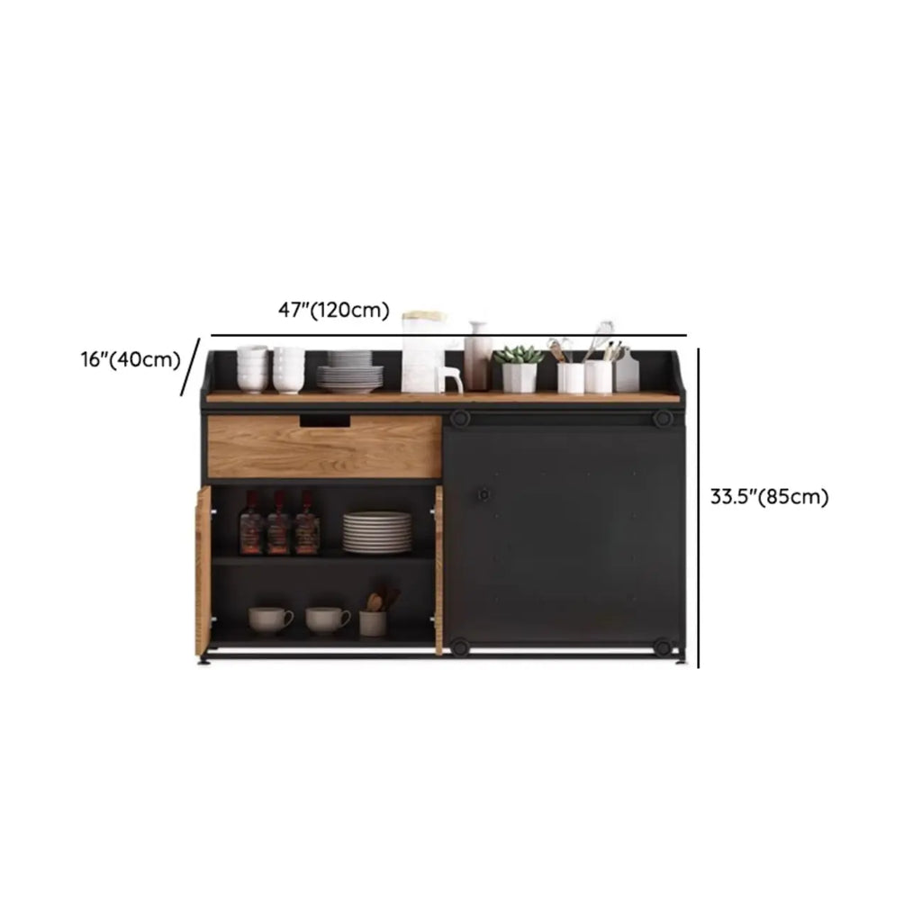 Buffet industriel noir en bois avec portes coulissantes et 4 étagères