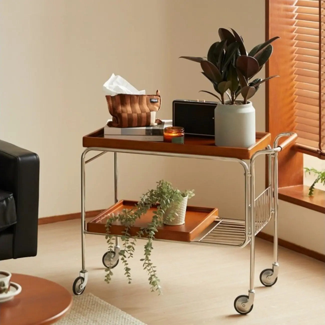 Table d'appoint roulante rectangulaire moderne en bois marron à 2 étagères