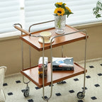 Table d'appoint roulante rectangulaire moderne en bois marron à 2 étagères