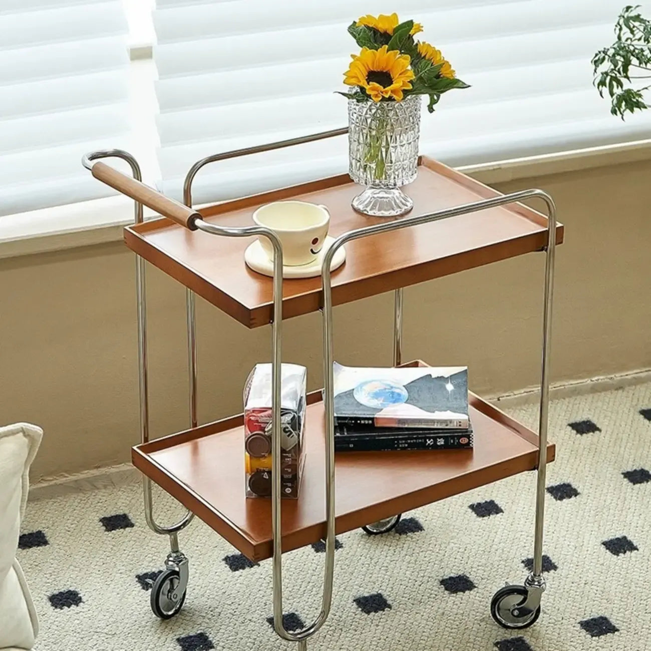 Table d'appoint roulante rectangulaire moderne en bois marron à 2 étagères