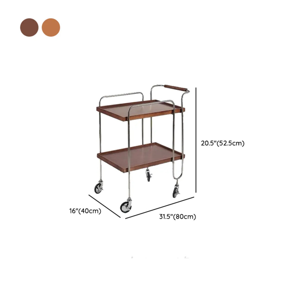 Table d'appoint roulante rectangulaire moderne en bois marron à 2 étagères