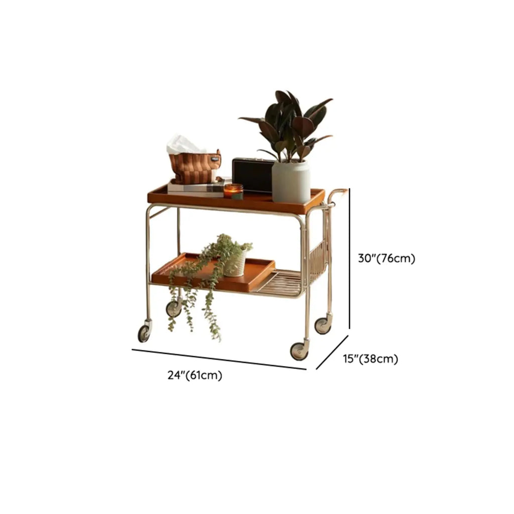 Table d'appoint roulante rectangulaire moderne en bois marron à 2 étagères