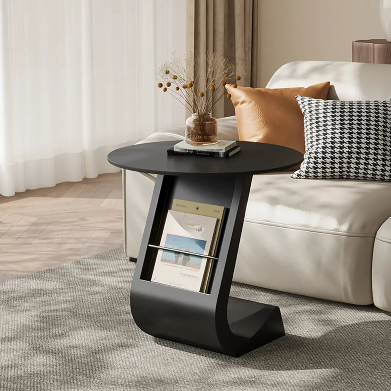 Table d'appoint de rangement moderne en forme de C avec plateau en pierre noire
