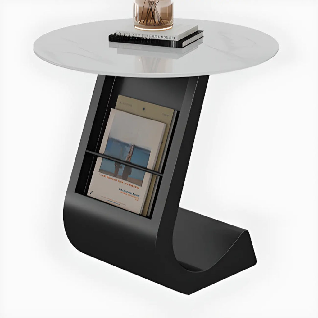 Table d'appoint de rangement moderne en forme de C avec plateau en pierre noire