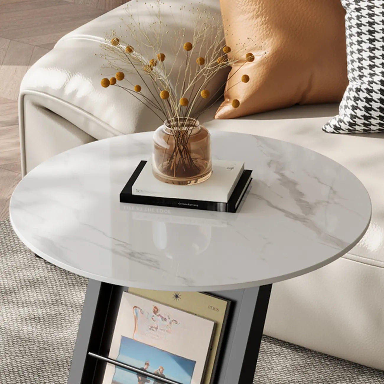 Table d'appoint de rangement moderne en forme de C avec plateau en pierre noire
