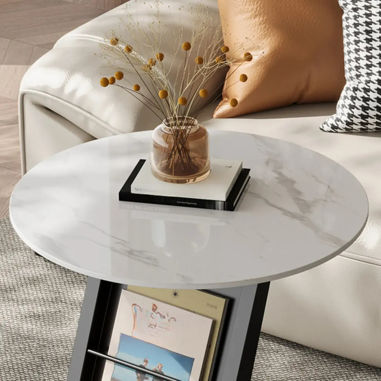 Table d'appoint de rangement moderne en forme de C avec plateau en pierre noire