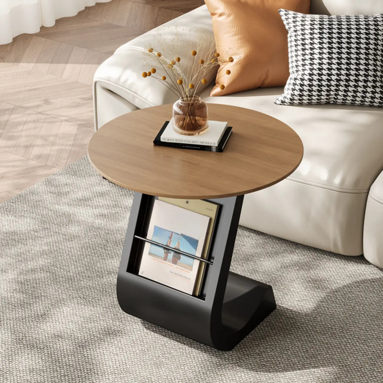 Table d'appoint de rangement moderne en forme de C avec plateau en pierre noire