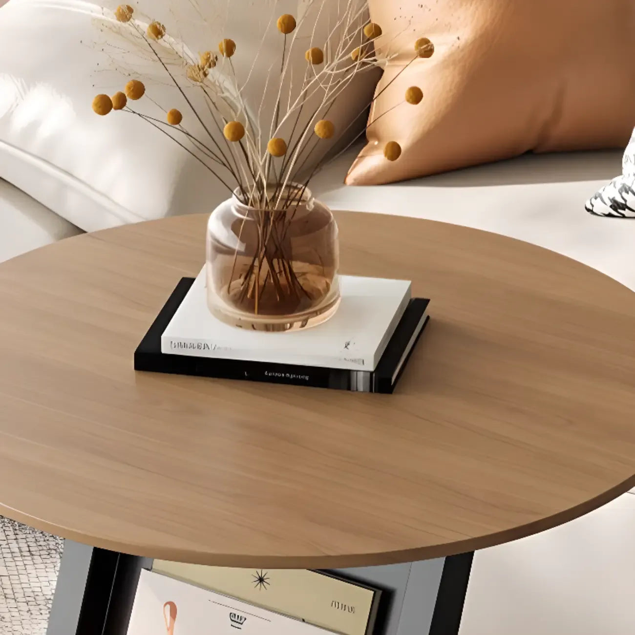 Table d'appoint de rangement moderne en forme de C avec plateau en pierre noire